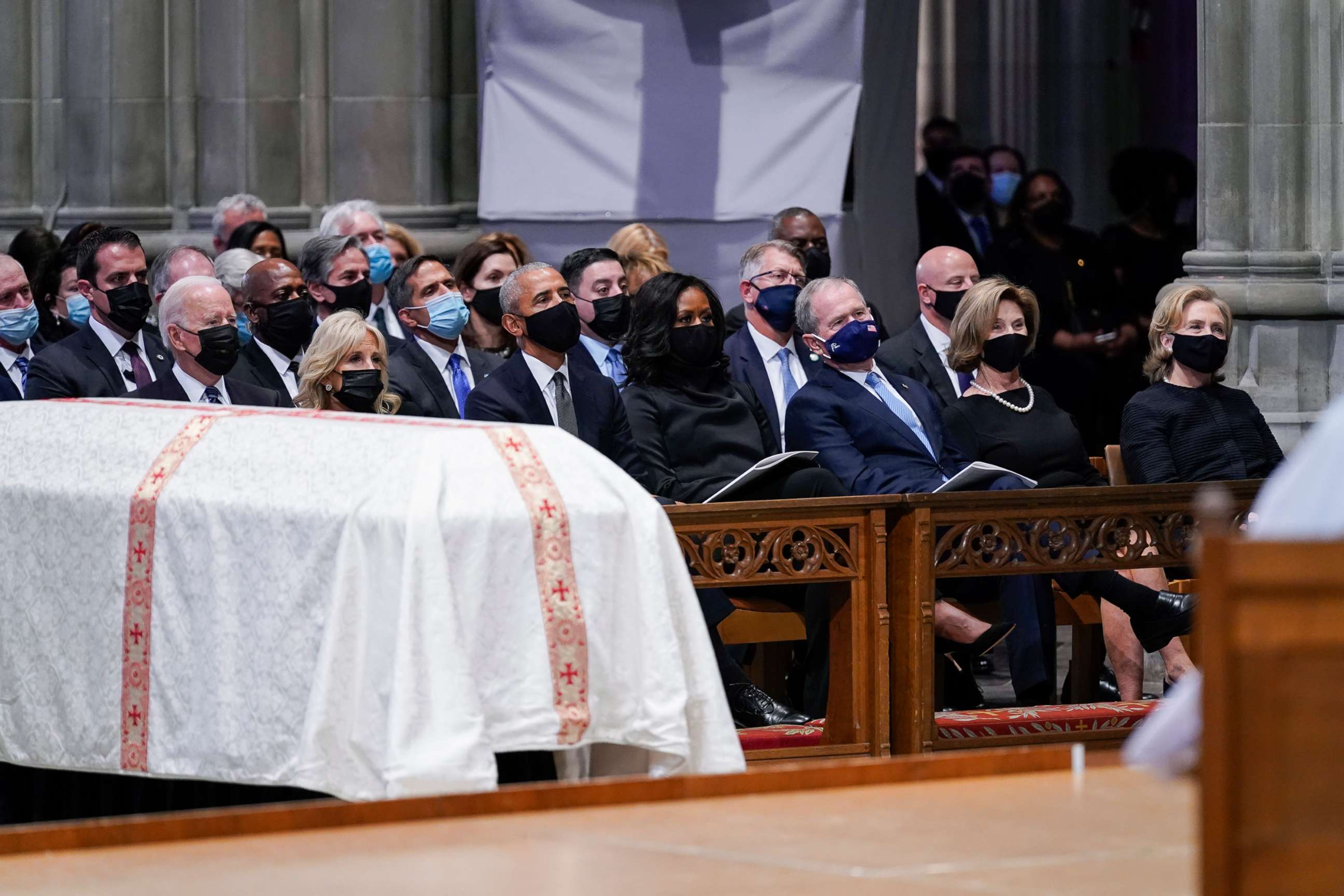 PHOTO: President Joe Biden, first lady Jill Biden, former President Barack Obama, former first lady Michelle Obama, former President George W. Bush, Laura Bush and former Secretary of State Hillary Clinton listen during the funeral for Colin Powell.