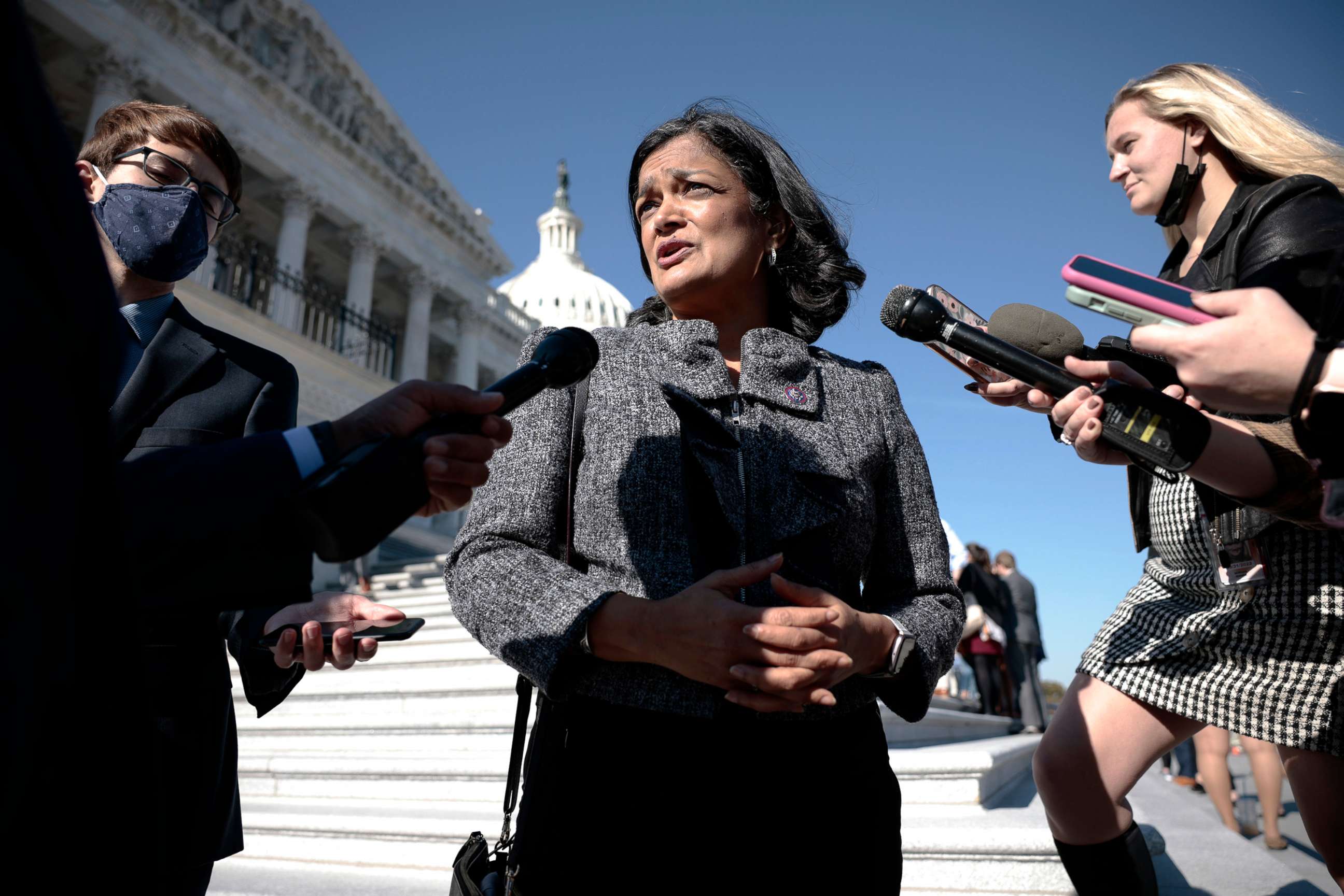 PHOTO: Chair of the Congressional Progressive Caucus Rep. Pramila Jayapal speaks with reporters outside the U.S. Capitol Building, Nov. 18, 2021, in Washington, D.C.