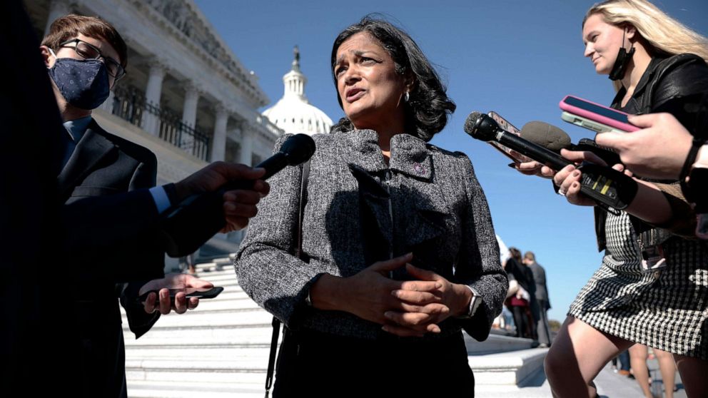 PHOTO: Chair of the Congressional Progressive Caucus Rep. Pramila Jayapal speaks with reporters outside the U.S. Capitol Building, Nov. 18, 2021, in Washington, D.C.
