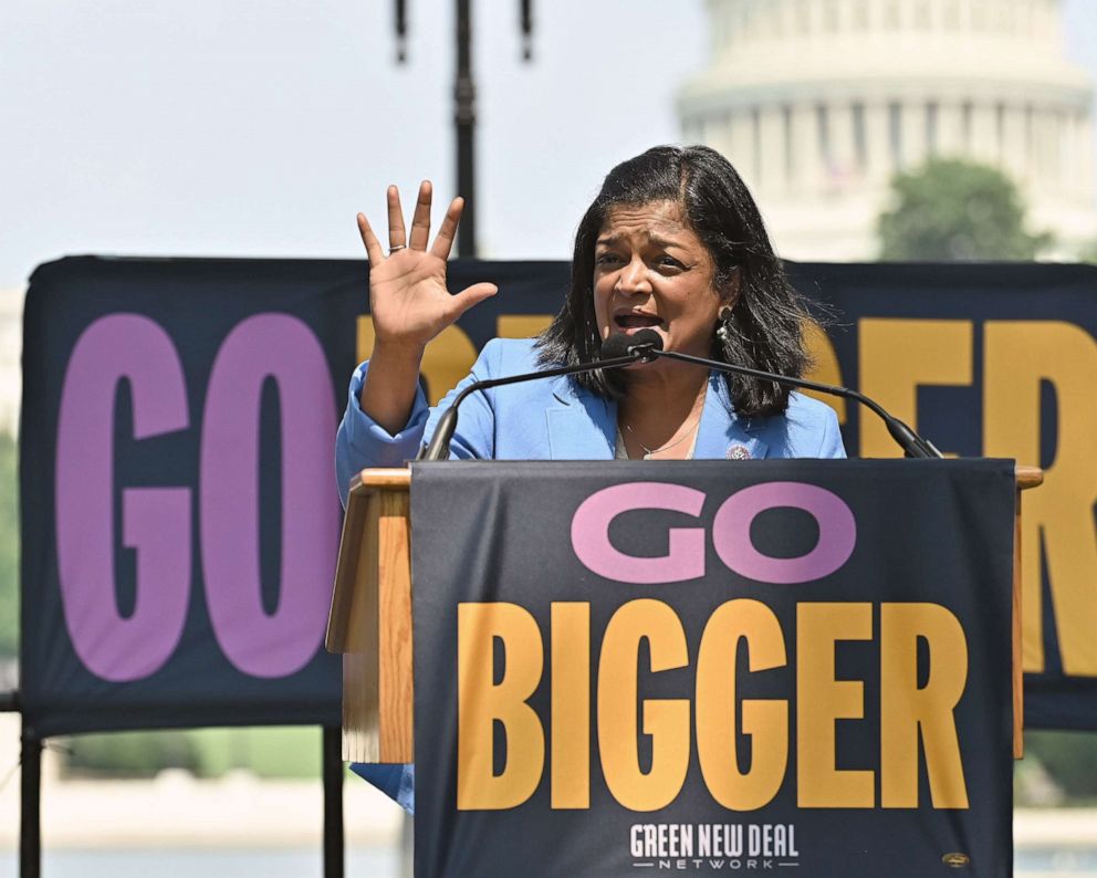 PHOTO: Rep. Pramila Jayapal speaks at Go Bigger on Climate, Care, and Justice! on July 20, 2021 in Washington, D.C.