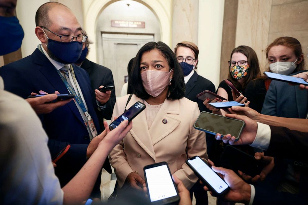 PHOTO: Rep. Pramila Jayapal speaks to reporters after a meeting with House Speaker Nancy Pelosi's in her office in the U.S. Capitol Building, Sept. 21, 2021, in Washington, DC.