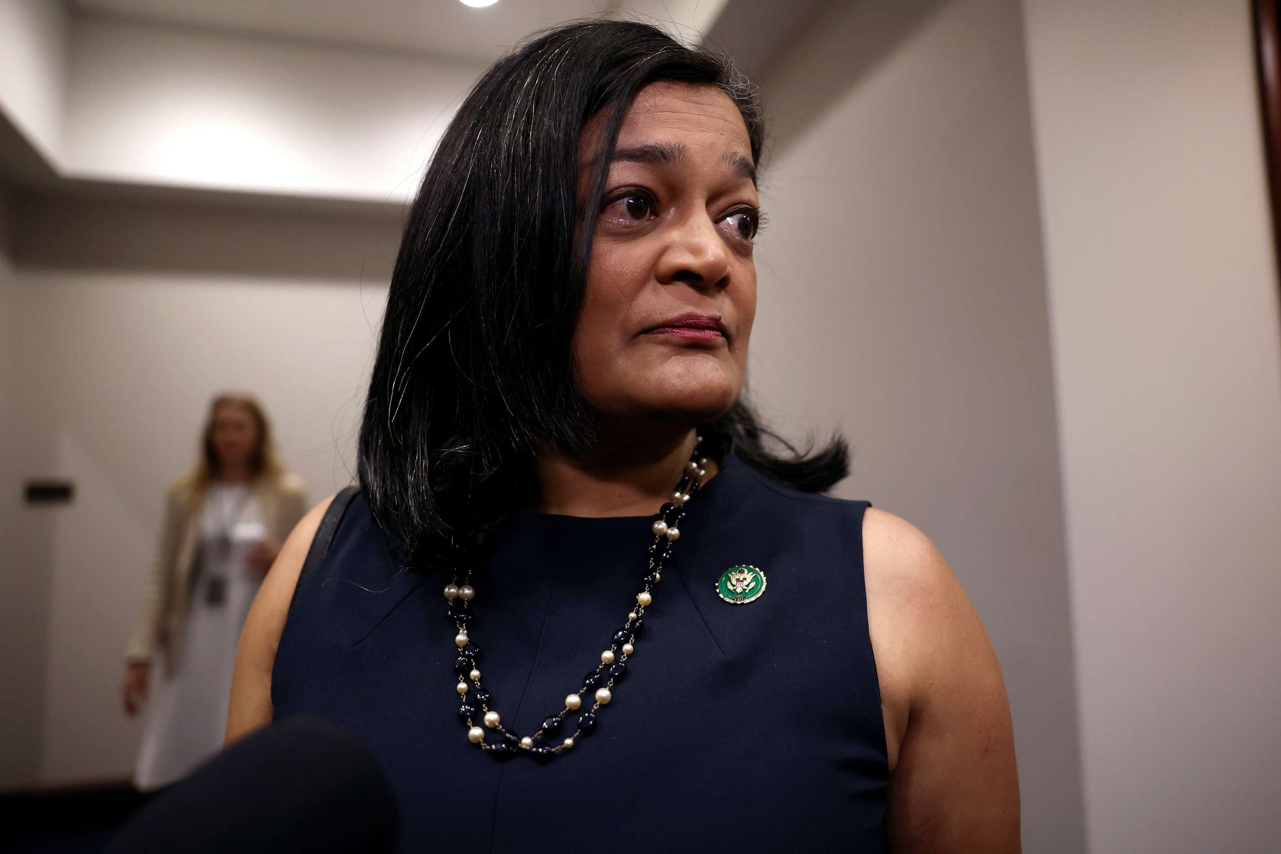 PHOTO: Rep. Pramila Jayapal arrives for a House Democrat caucus meeting at the U.S. Capitol on May 31, 2023 in Washington, DC.