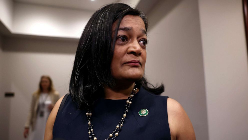 PHOTO: Rep. Pramila Jayapal arrives for a House Democrat caucus meeting at the U.S. Capitol on May 31, 2023 in Washington, DC.