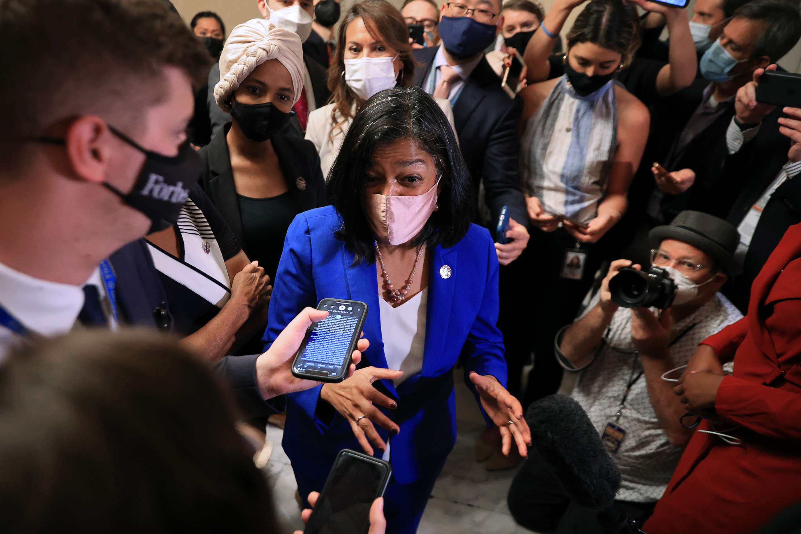 PHOTO: Congressional Progressive Caucus Chair Rep. Pramila Jayapal, Sen. Ilhan Omar, and Rep. Veronica Escobar talk to reporters after meeting with Speaker of the House Nancy Pelosi at the U.S. Capitol on Sept. 30, 2021, in Washington, D.C.