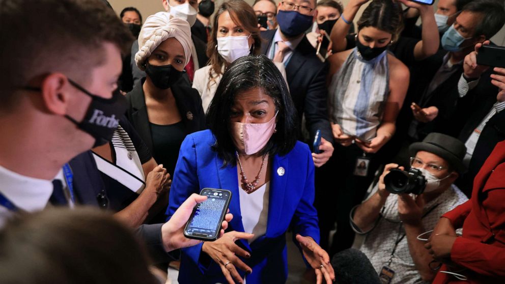 PHOTO: Congressional Progressive Caucus Chair Rep. Pramila Jayapal, Sen. Ilhan Omar, and Rep. Veronica Escobar talk to reporters after meeting with Speaker of the House Nancy Pelosi at the U.S. Capitol on Sept. 30, 2021, in Washington, D.C.