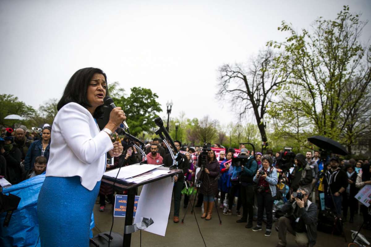 PHOTO: Representative Pramila Jayapal, speaks during a protest outside the U.S. Supreme Court in Washington, D.C., April 25, 2018.