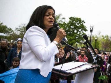 PHOTO: Representative Pramila Jayapal, speaks during a protest outside the U.S. Supreme Court in Washington, D.C., April 25, 2018.