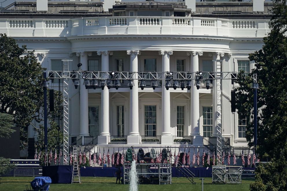 PHOTO: Staging and lighting is set up on the South Lawn of the White House on Aug. 24, 2020 in Washington, D.C.