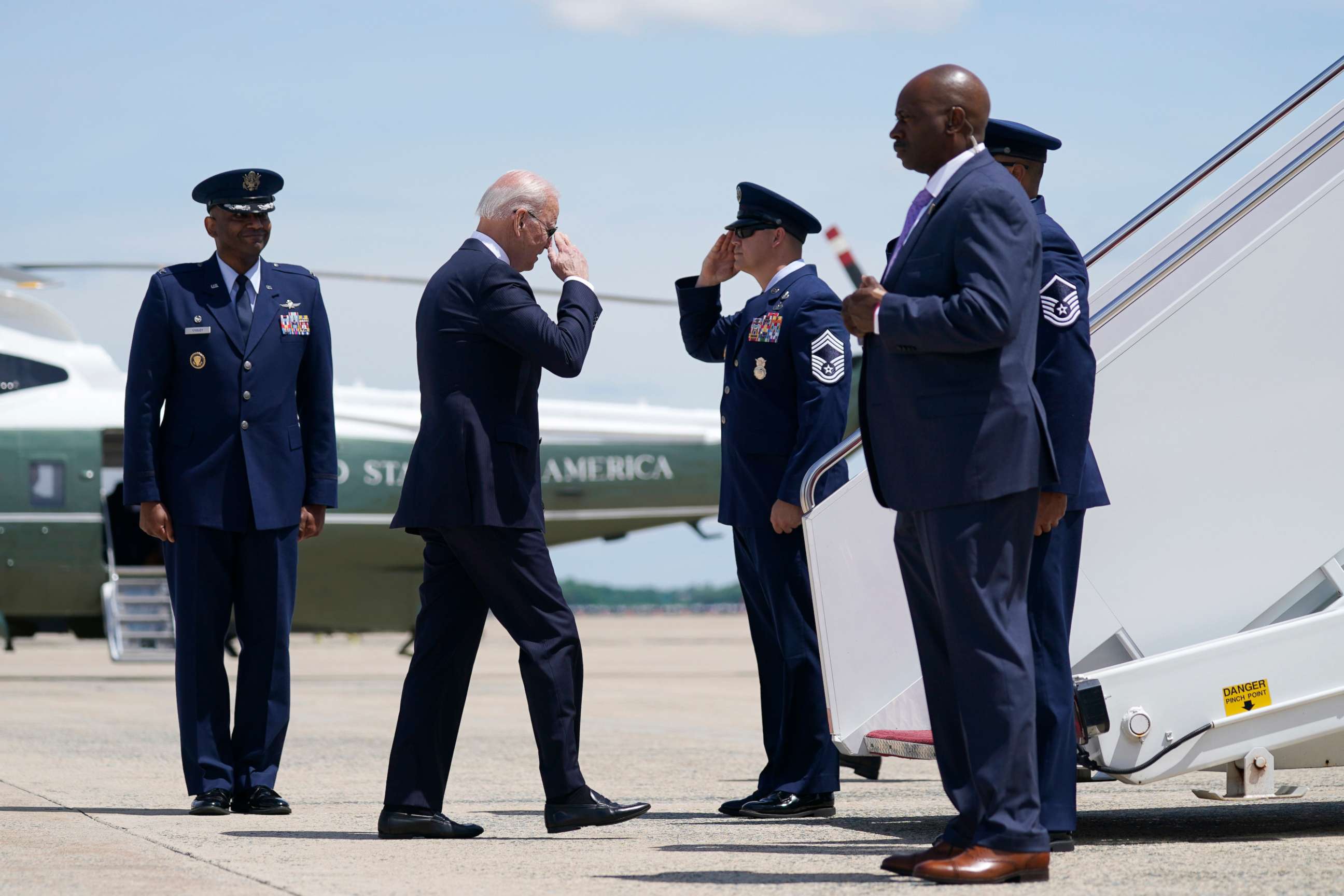 PHOTO: President Joe Biden boards Air Force One for a trip to Tulsa, Okla., to mark the 100th anniversary of the Tulsa race massacre, June 1, 2021, in Andrews Air Force Base, Md.