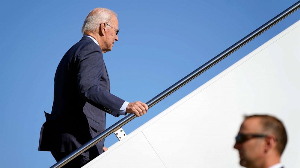 PHOTO: President Joe Biden boards Air Force One, Oct. 20, 2022, at Andrews Air Force Base, Md.