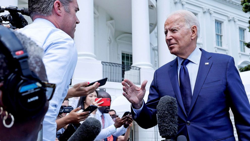 PHOTO: President Joe Biden talks to the media as he departs for a weekend visit to Camp David from the White House in Washington, D.C., July 16, 2021.