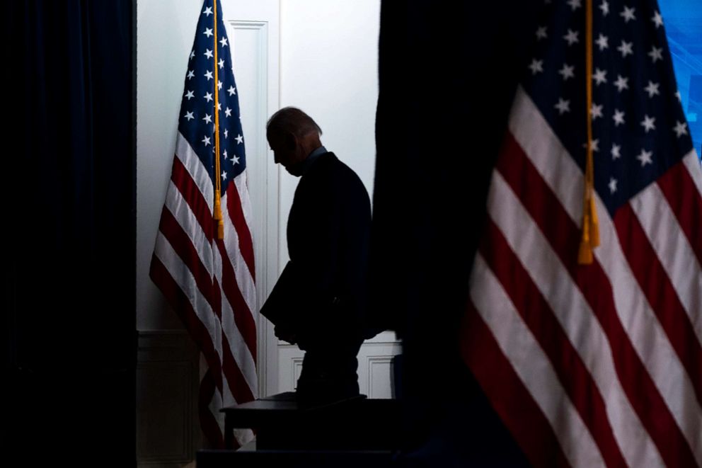 PHOTO: President Joe Biden walks away after speaking about COVID-19 vaccinations at the White House, April 21, 2021, in Washington.