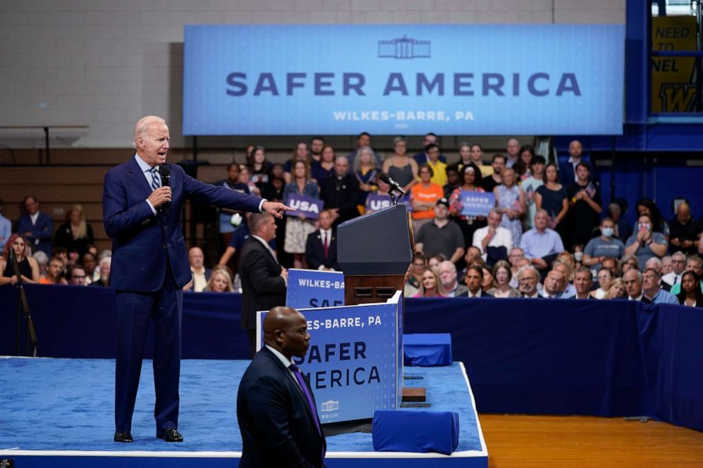 PHOTO: President Joe Biden speaks at the Arnaud C. Marts Center on the campus of Wilkes University, Aug. 30, 2022, in Wilkes-Barre, Pa.