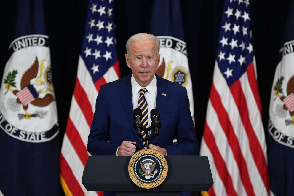 PHOTO: President Joe Biden speaks to staff of the US State Department during his first visit in Washington, D.C, Feb. 4, 2021. 