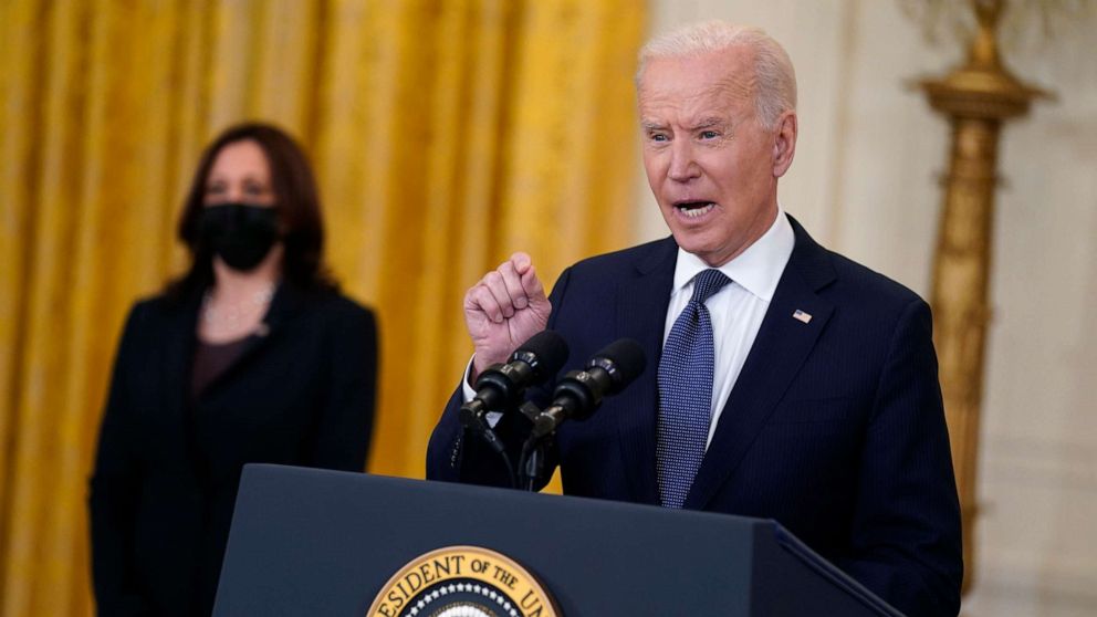 PHOTO: Vice President Kamala Harris listens as President Joe Biden speaks about the economy, in the East Room of the White House, May 10, 2021, in Washington.