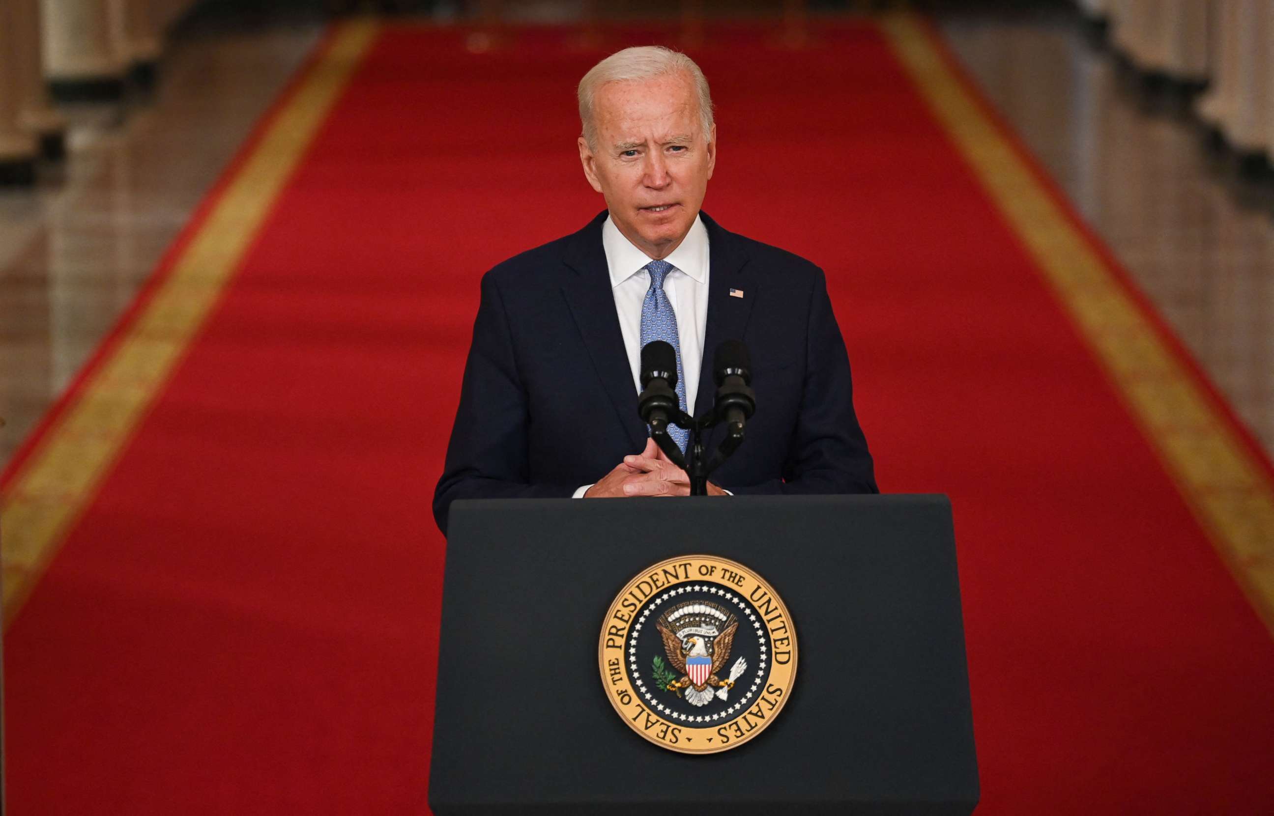 PHOTO: President Joe Biden speaks on ending the war in Afghanistan in the State Dining Room at the White House in Washington, Aug. 31, 2021.