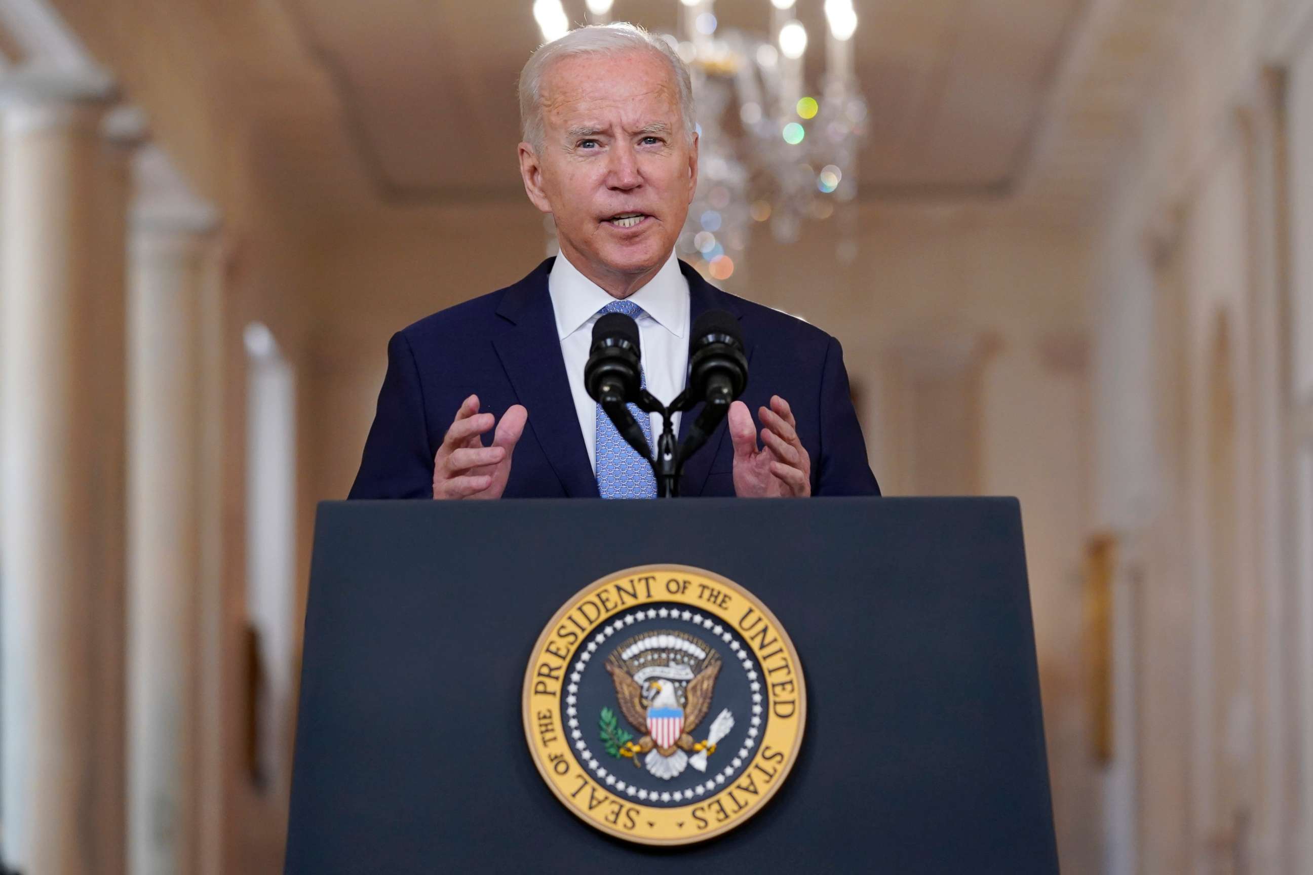 PHOTO: President Joe Biden speaks about the end of the war in Afghanistan from the State Dining Room of the White House, Aug. 31, 2021, in Washington.