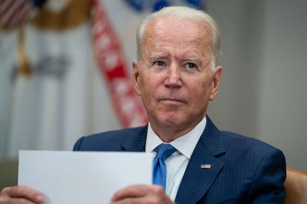 PHOTO: President Joe Biden listens to a question during a meeting on reducing gun violence, in the Roosevelt Room of the White House, July 12, 2021, in Washington.