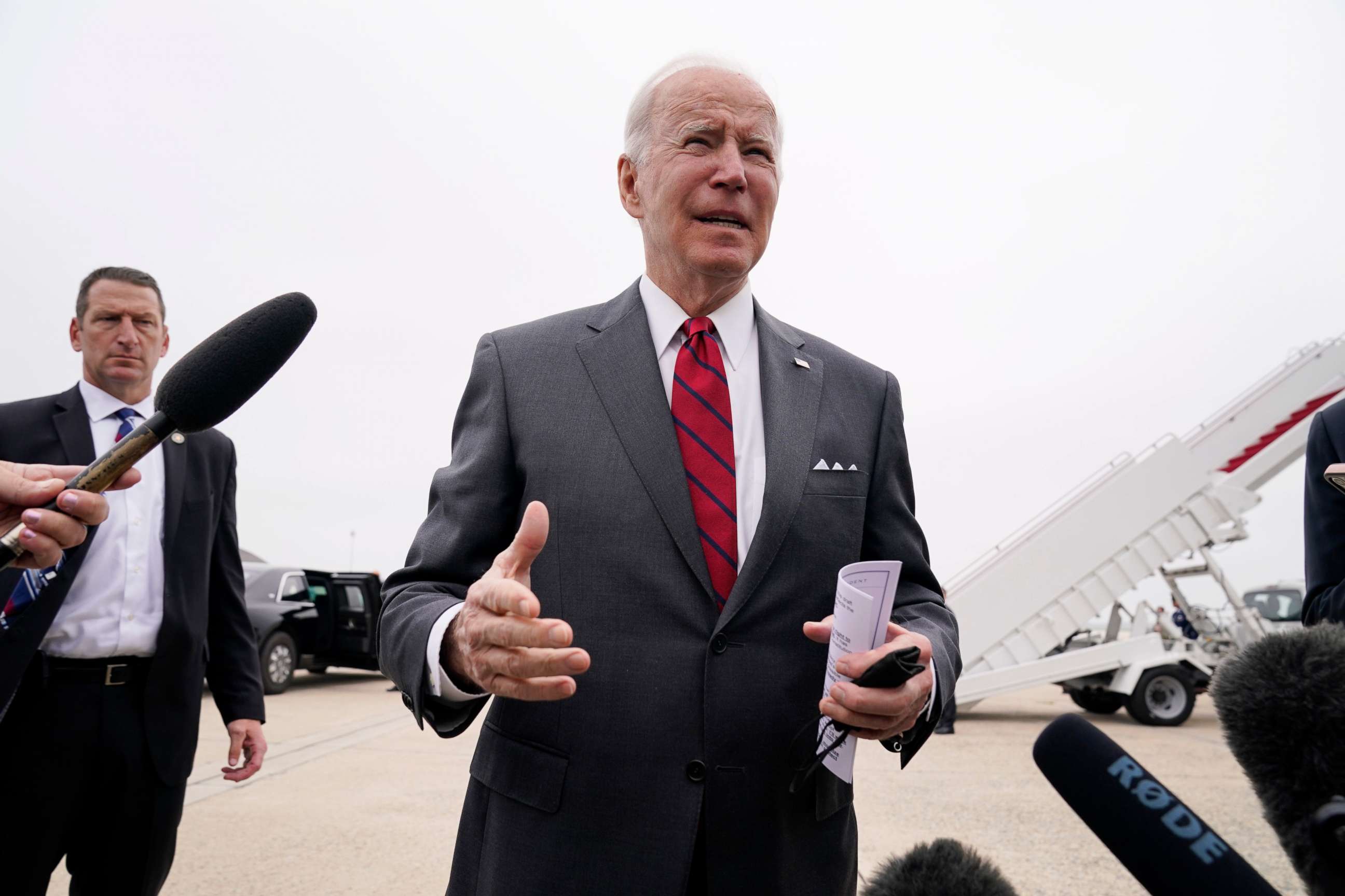 PHOTO: President Joe Biden speaks to the media before boarding Air Force One for a trip to Alabama to visit a Lockheed Martin plant, May 3, 2022, in Andrews Air Force Base, Md.