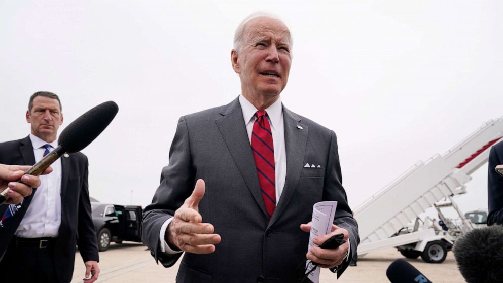 PHOTO: President Joe Biden speaks to the media before boarding Air Force One for a trip to Alabama to visit a Lockheed Martin plant, May 3, 2022, in Andrews Air Force Base, Md.