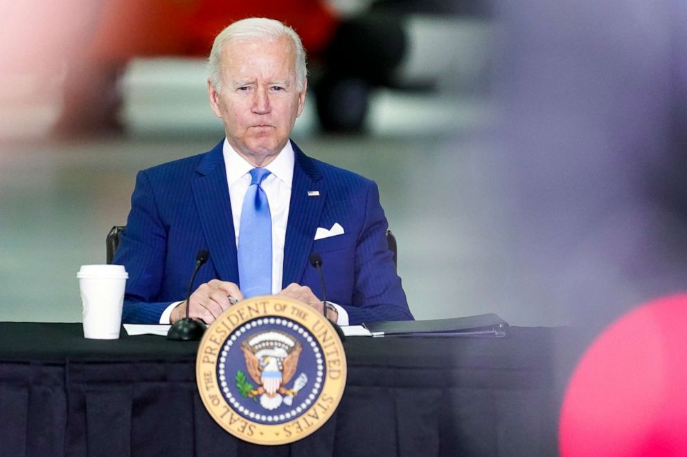 PHOTO: President Joe Biden listens during a briefing on preparing for and responding to hurricanes this season at Andrews Air Force Base, Md., May 18, 2022.