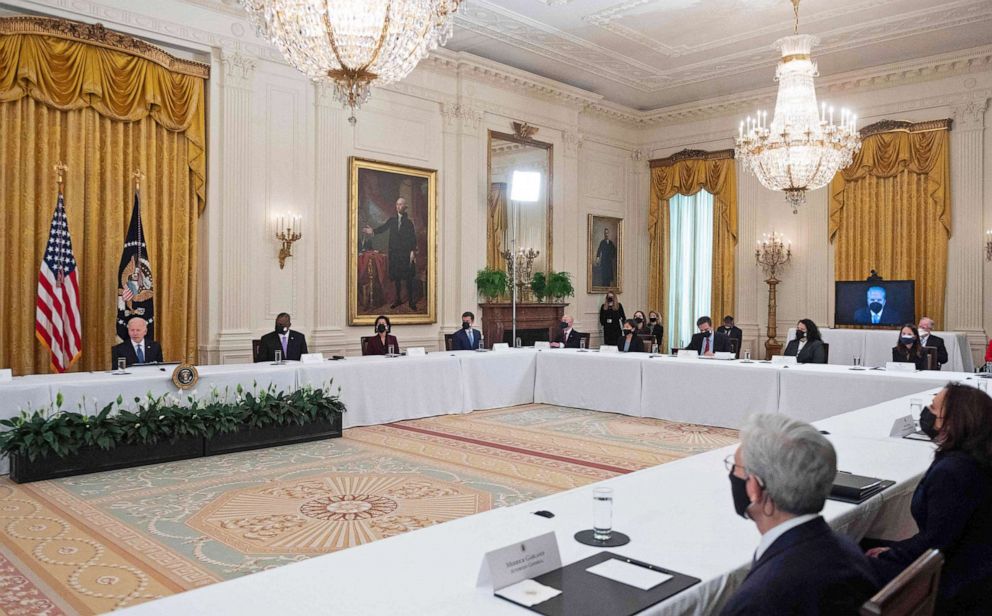 PHOTO: President Joe Biden holds his first cabinet meeting in the East Room of the White House in Washington, D.C., on April 1, 2021. 