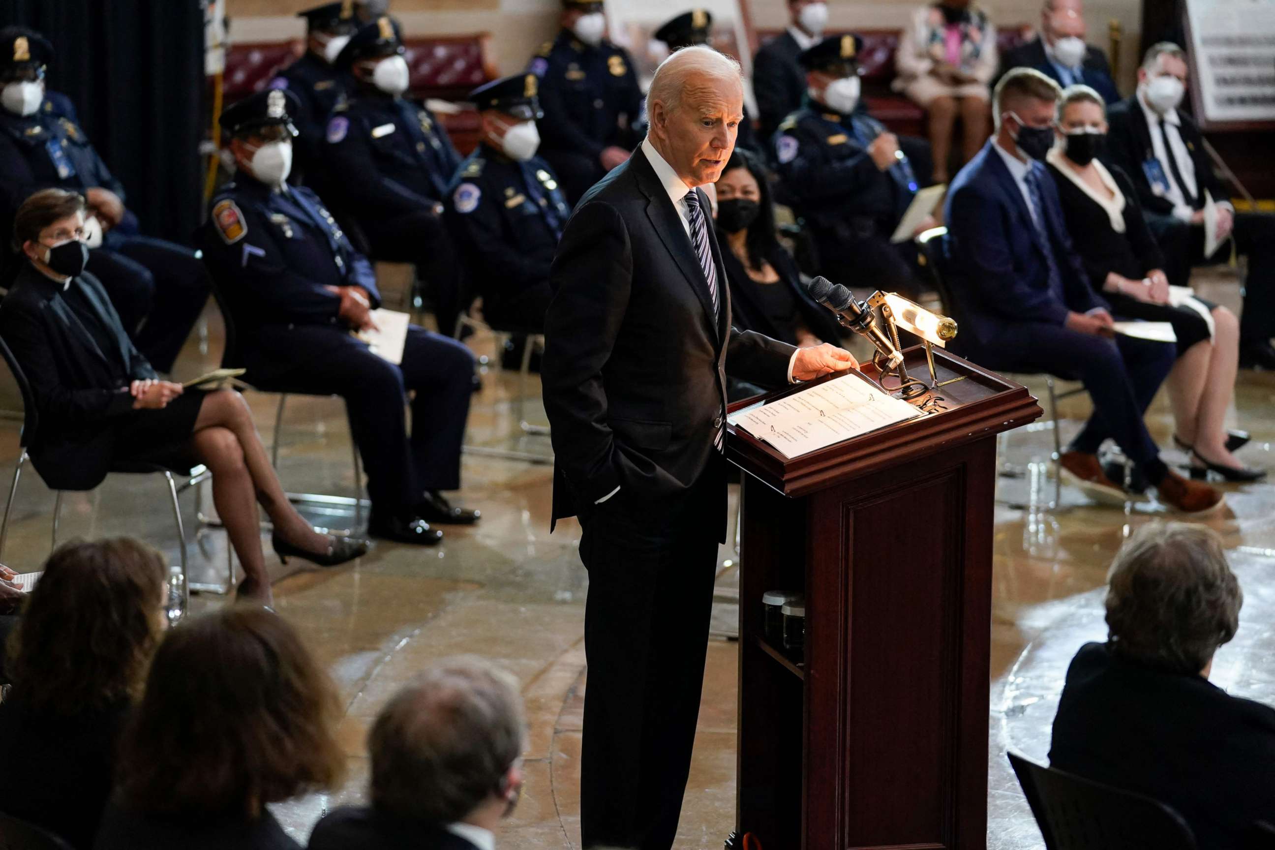 PHOTO: President Joe Biden speaks during a ceremony to honor slain Capitol Police Officer William "Billy" Evans as he lies in honor at the Capitol in Washington, DC, April 13, 2021.
