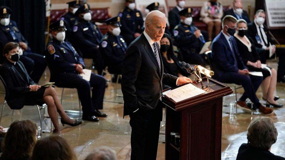 PHOTO: President Joe Biden speaks during a ceremony to honor slain Capitol Police Officer William "Billy" Evans as he lies in honor at the Capitol in Washington, DC, April 13, 2021.