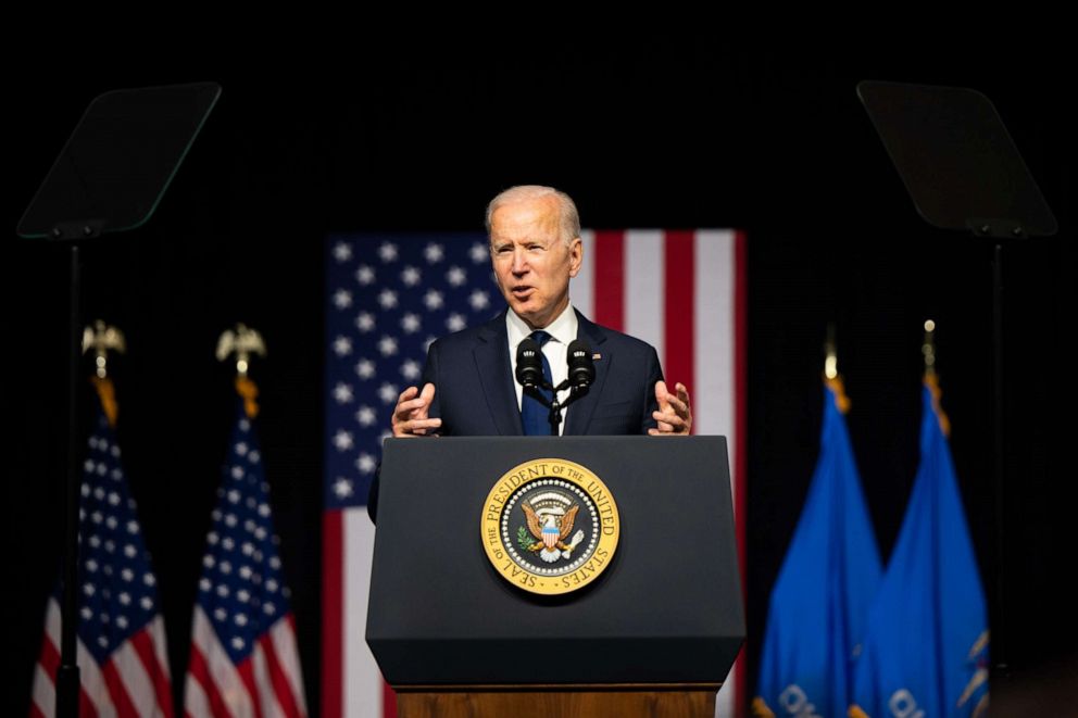 PHOTO: President Joe Biden speaks at a rally during commemorations of the 100th anniversary of the Tulsa Race Massacre on June 01, 2021 in Tulsa, Oklahoma.