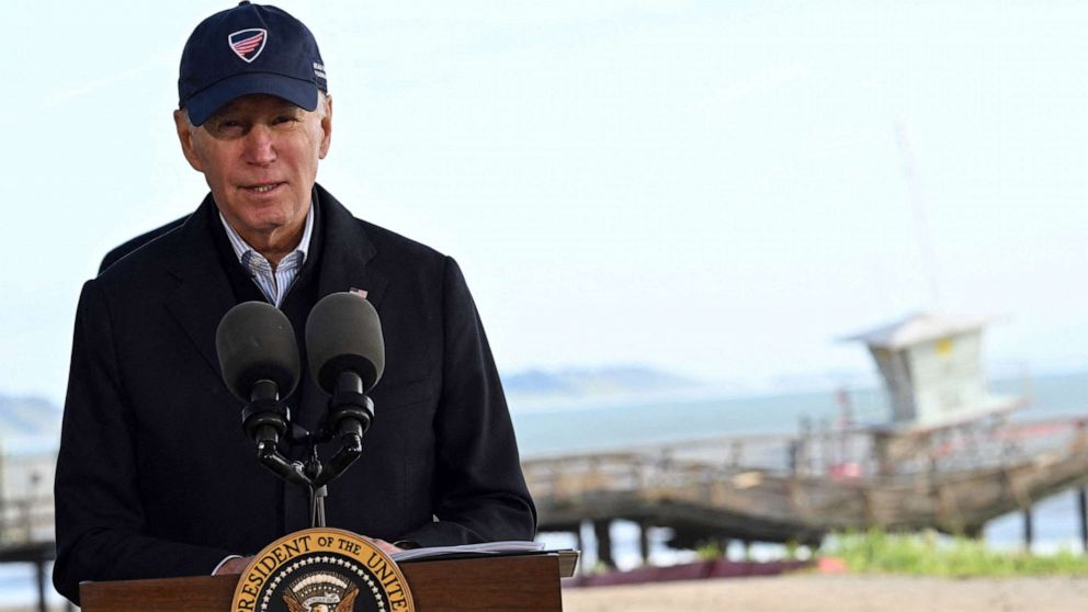 PHOTO: President Joe Biden speaks after looking at storm damage, and speaking to those affected in Seacliff, California, Jan. 19, 2023.
