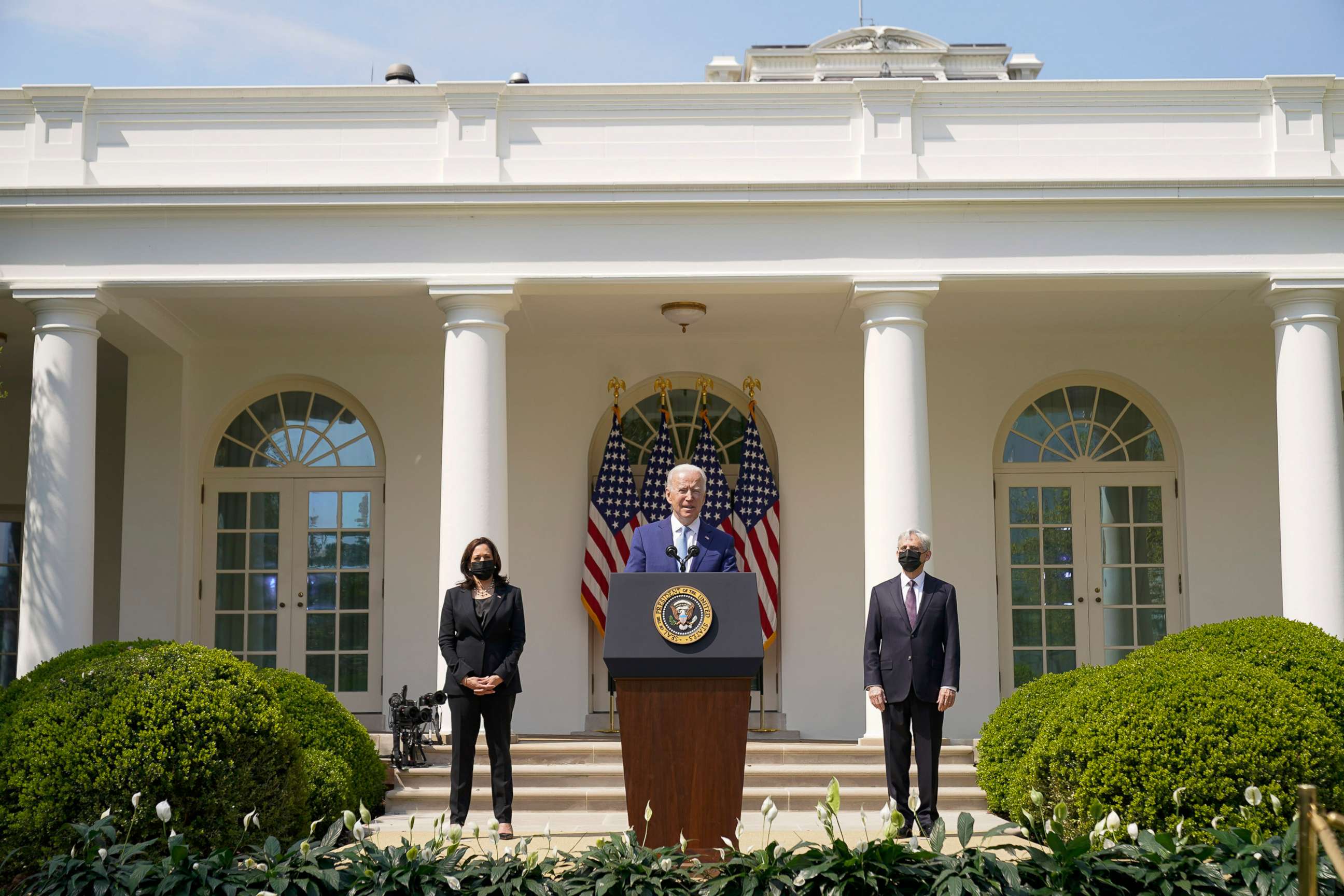 PHOTO: President Joe Biden, accompanied by Vice President Kamala Harris, and Attorney General Merrick Garland, speaks about gun violence prevention in the Rose Garden at the White House, April 8, 2021, in Washington. 