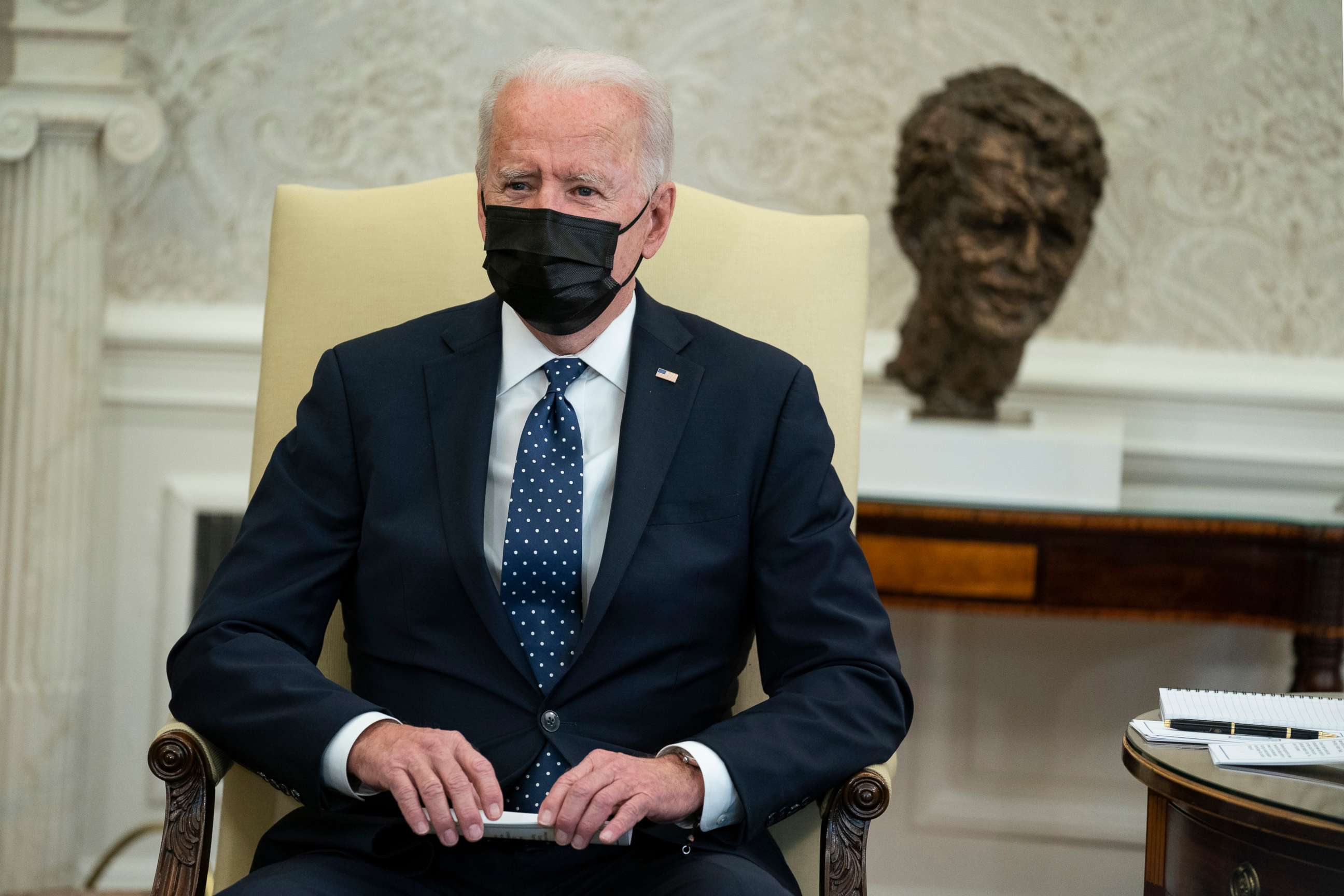 PHOTO: President Joe Biden speaks during a meeting with members of the Congressional Hispanic Caucus, in the Oval Office of the White House, April 20, 2021, in Washington.