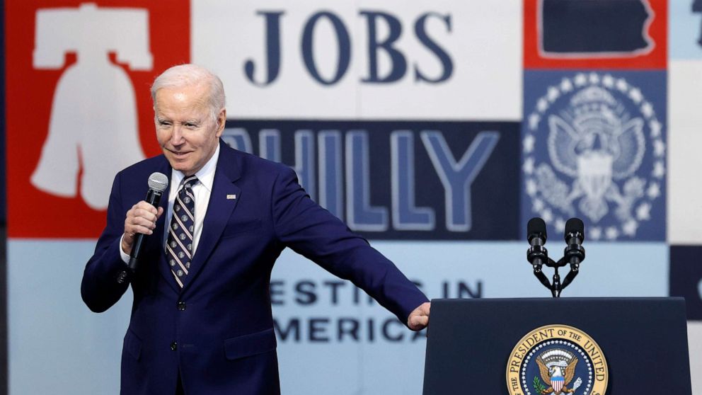 PHOTO: President Joe Biden discusses his proposed fiscal year 2024 federal budget during an event at the Finishing Trades Institute on March 9, 2023 in Philadelphia.