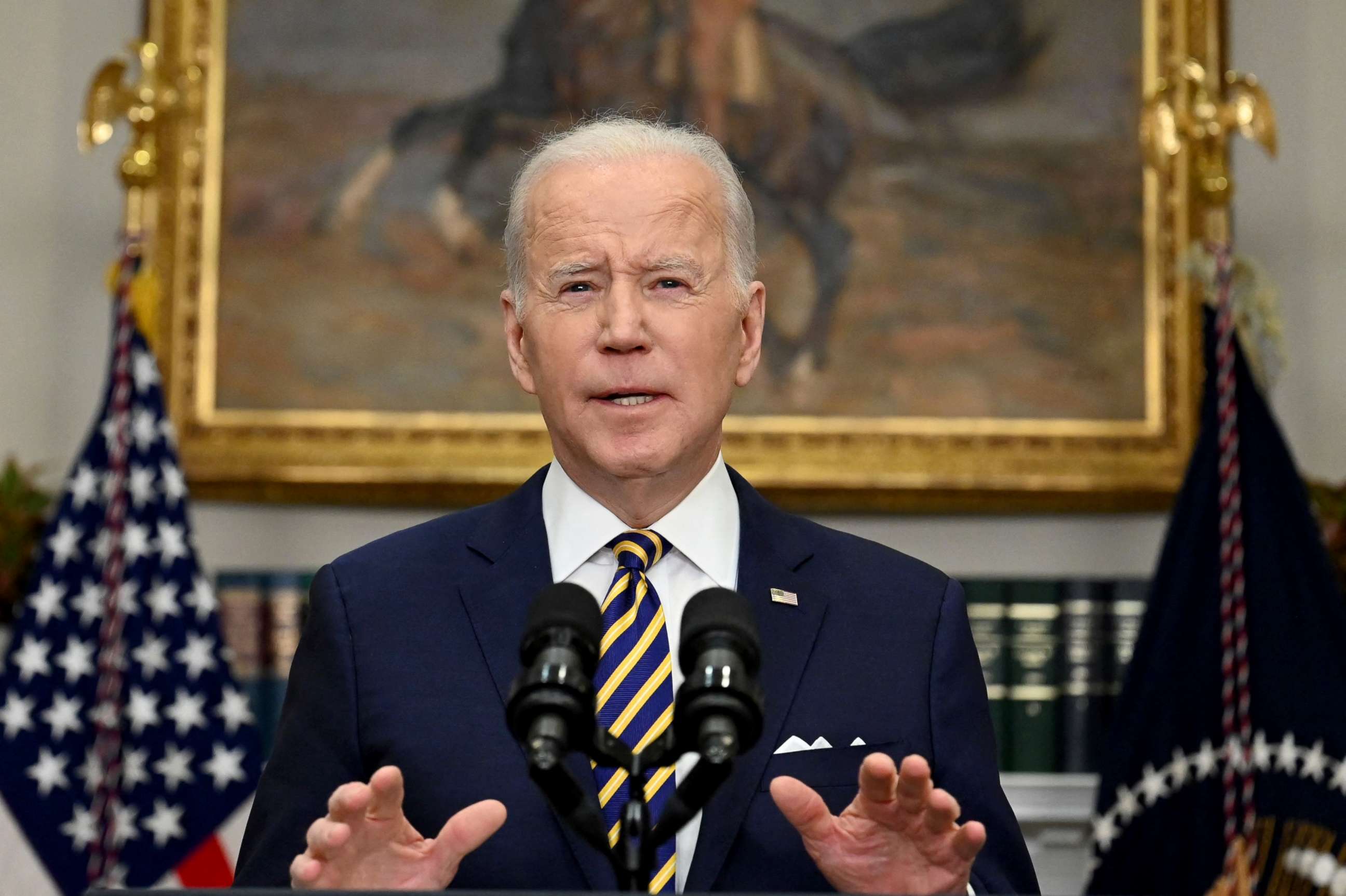 PHOTO: President Joe Biden announces a ban on US imports of Russian oil and gas, March 8, 2022, from the Roosevelt Room of the White House.