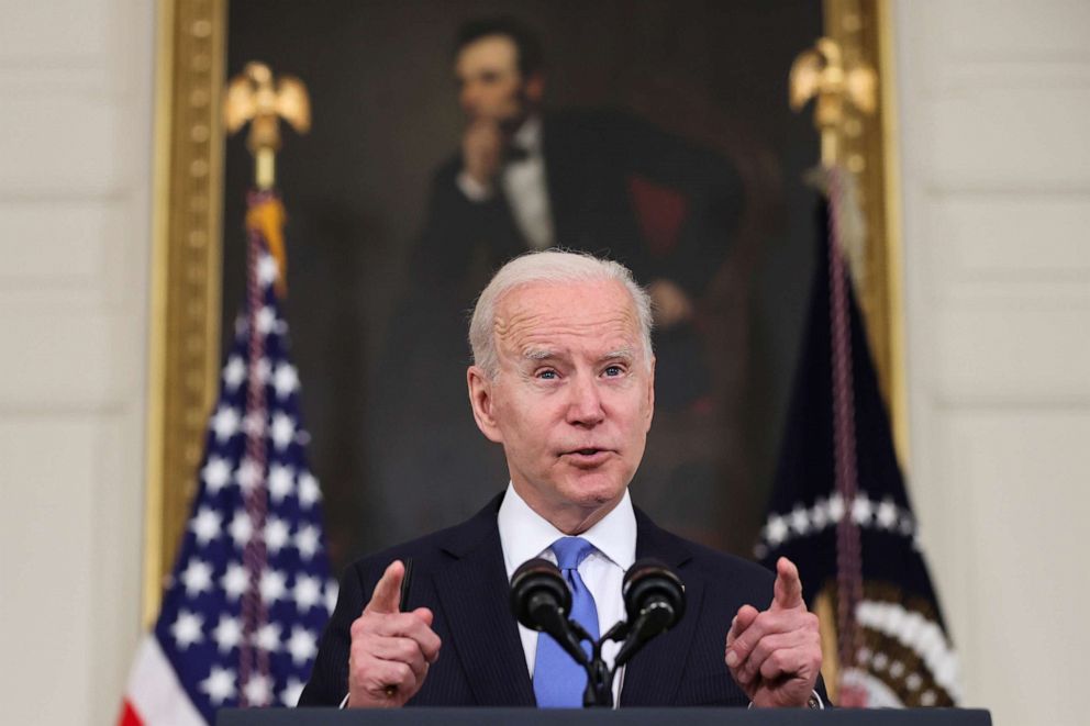 PHOTO: President Joe Biden gestures as he delivers remarks on the state of his American Rescue Plan from the State Dining Room at the White House in Washington, D.C., May 5, 2021.