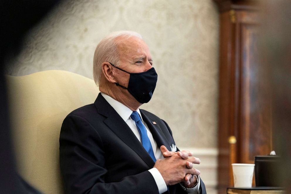 PHOTO: President Joe Biden speaks during a bipartisan meeting on cancer legislation in the Oval Office at the White House in Washington, March 3, 2021.