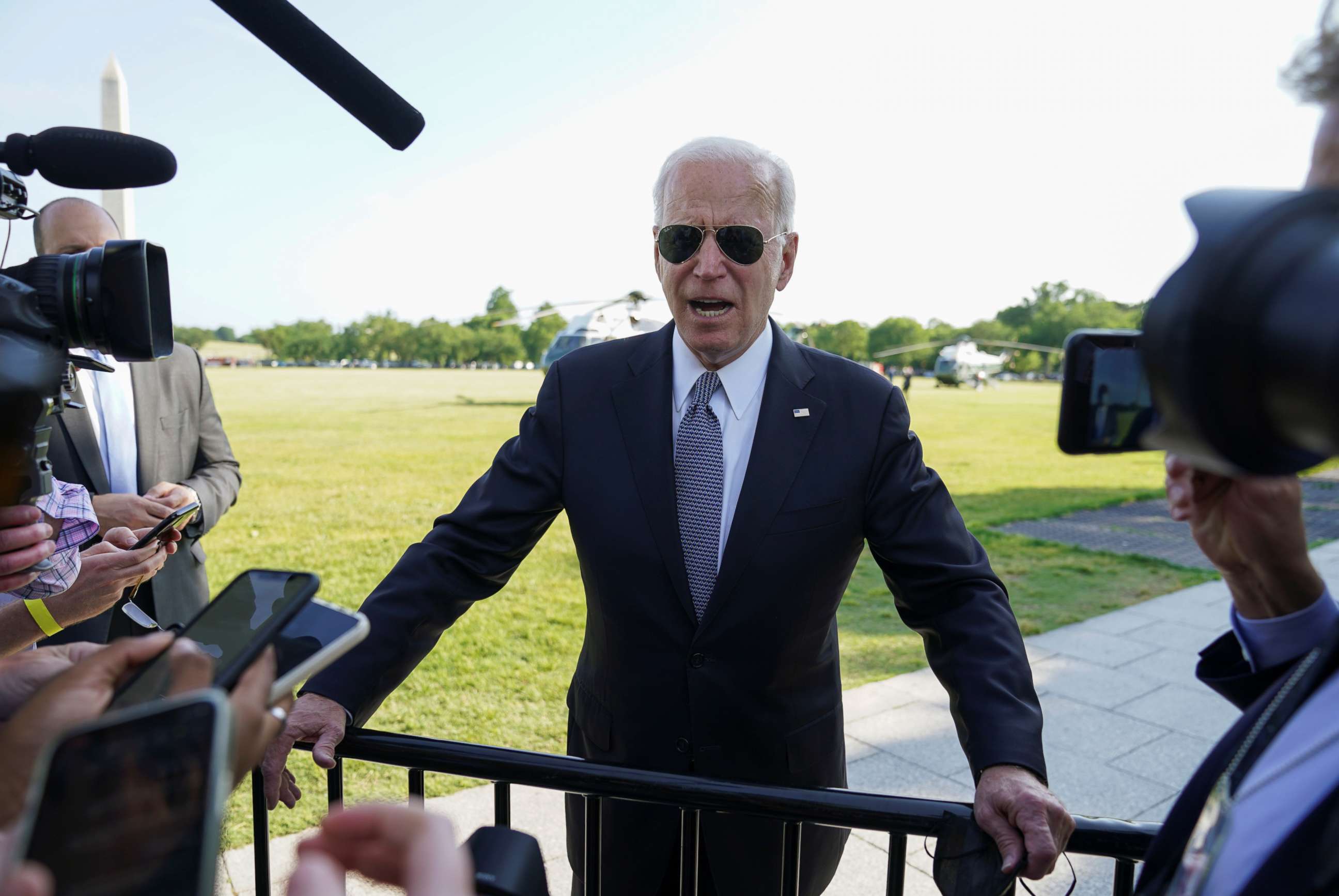PHOTO: President Joe Biden speaks to reporters upon his departure from the White House in Washington, May 25, 2021.