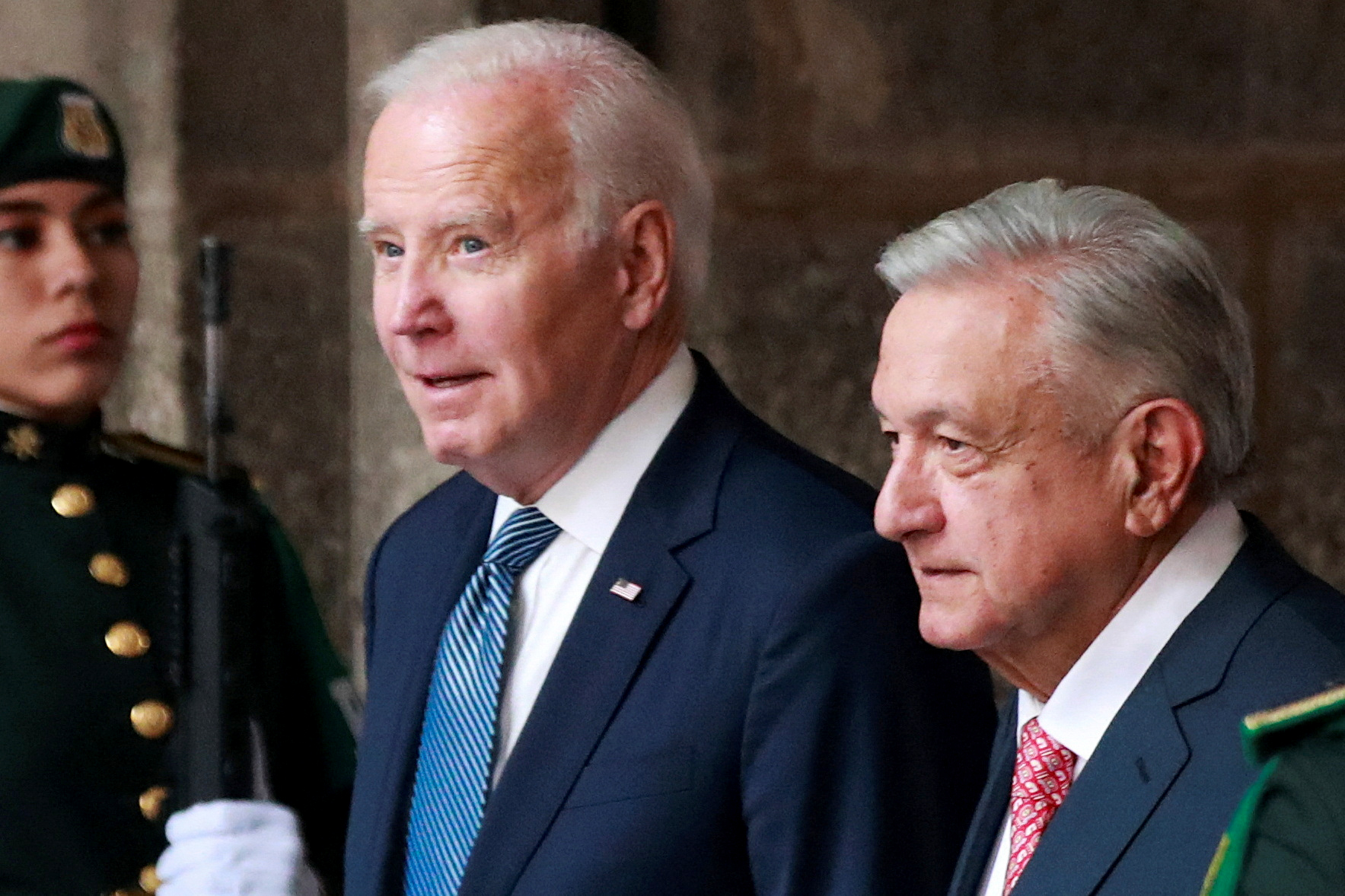 PHOTO: President Joe Biden meets his Mexican counterpart Andres Manuel Lopez Obrador at an official welcoming ceremony before taking part in the North American Leaders' Summit at the National Palace in Mexico City, Mexico January 9, 2023.