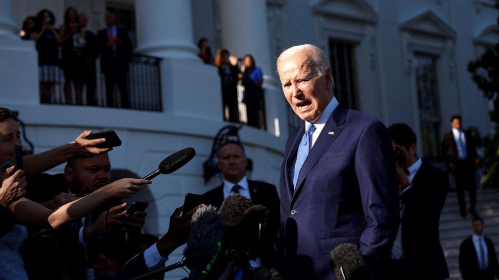 PHOTO: President Joe Biden speaks to the media before leaving the White House for Camp David on May 26, 2023 in Washington.