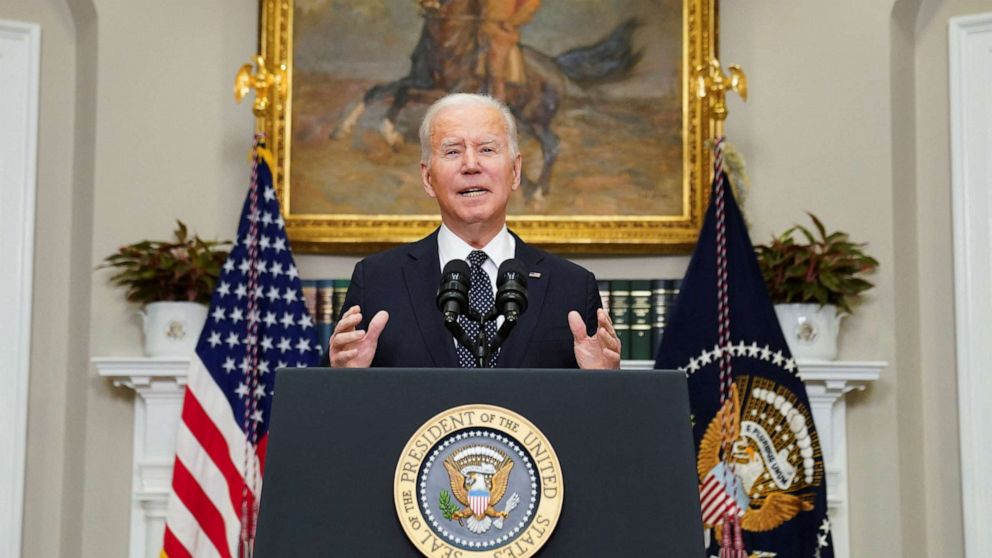PHOTO: President Joe Biden delivers remarks on his administration's efforts to pursue deterrence and diplomacy in response to Russia's military buildup on the border of Ukraine, from the White House in Washington, Feb. 18, 2022.