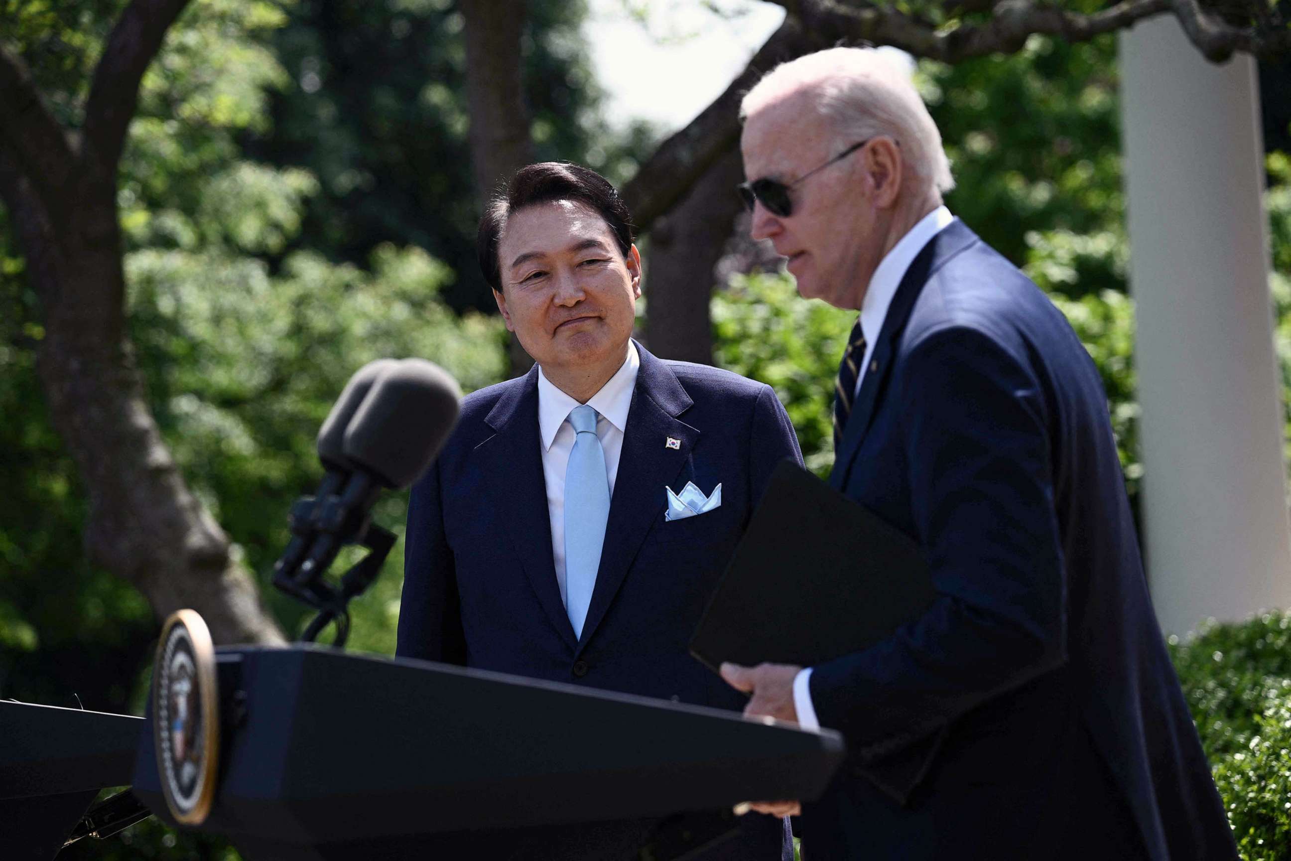 PHOTO: President Joe Biden and South Korean President Yoon Suk Yeol participate in a news conference in the Rose Garden of the White House in Washington, DC, April 26, 2023.