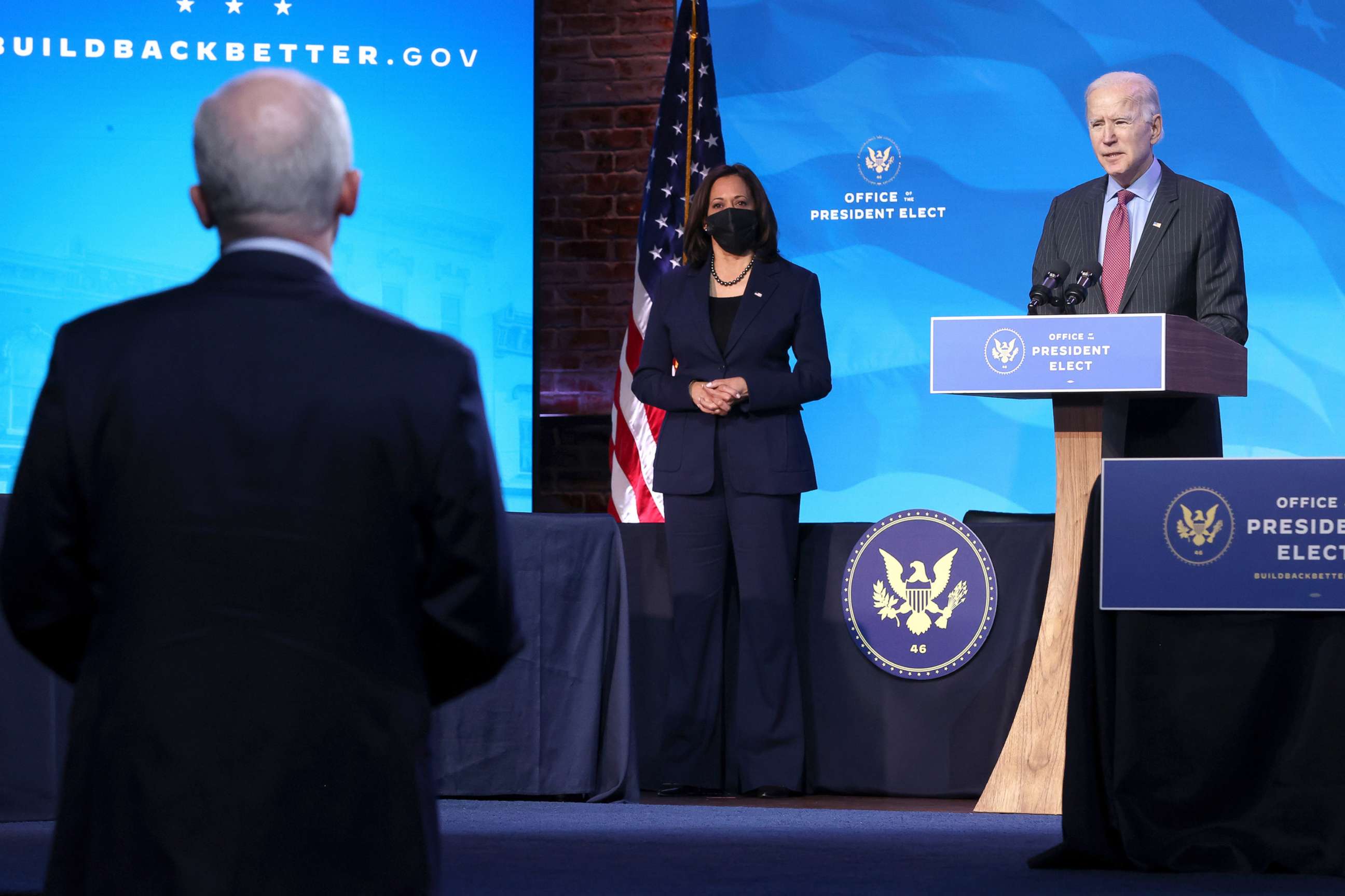 PHOTO: Vice President-elect Kamala Harris and U.S. President-elect Joe Biden field questions from reporters in Wilmington, Del., Jan. 8, 2021.