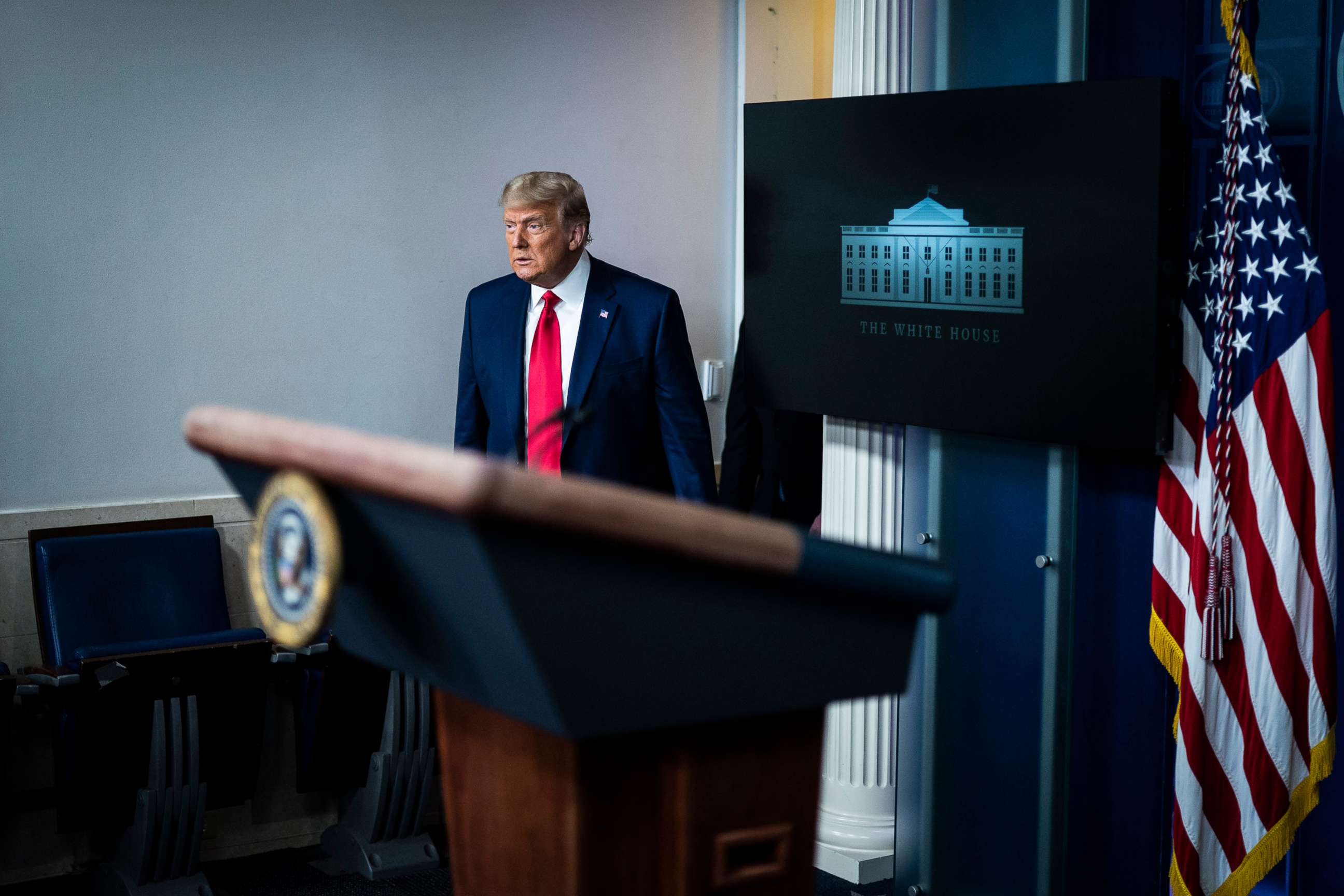 PHOTO: President Donald Trump arrives to speak in the James S. Brady Press Briefing Room at the White House , Nov 24, 2020.