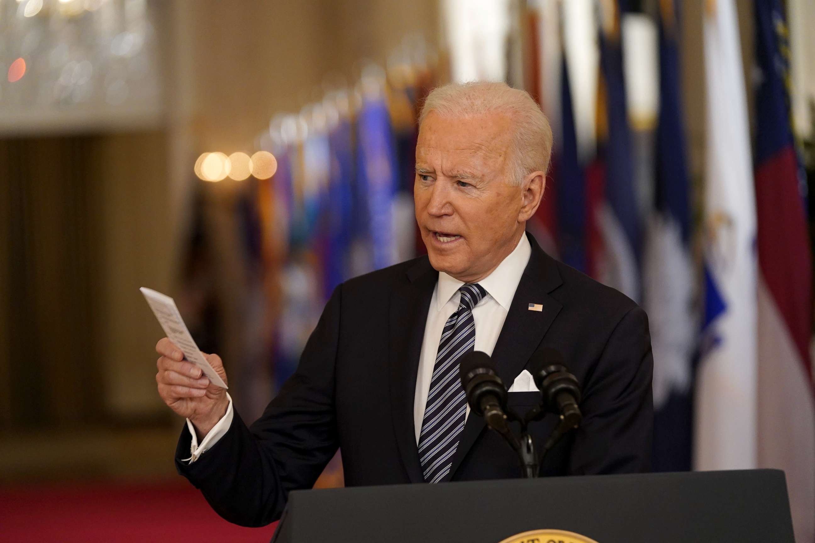 PHOTO: President Joe Biden delivers a nationally televised address to the nation on the one-year anniversary of the COVID-19 pandemic shutdown in the East Room of the White House in Washington, March 11, 2021.