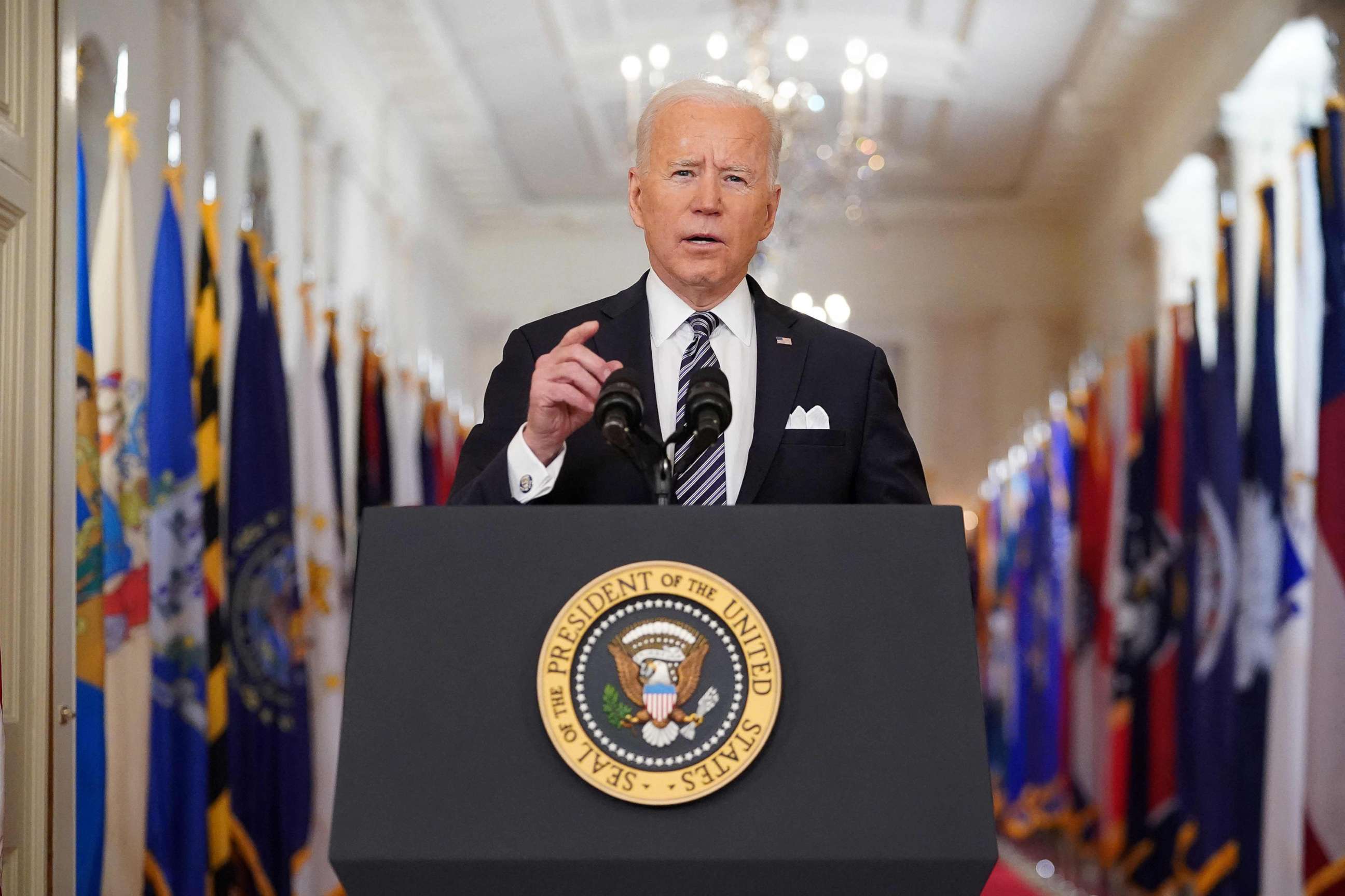 PHOTO: President Joe Biden speaks on the anniversary of the start of the Covid-19 pandemic, in the East Room of the White House in Washington, March 11, 2021.