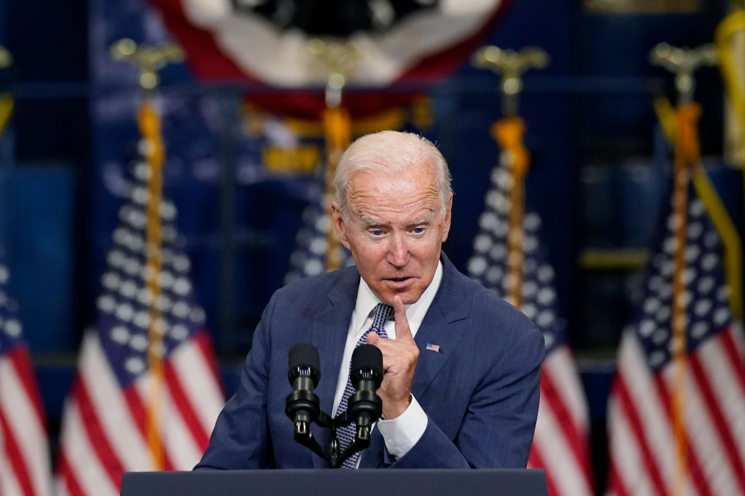 PHOTO: President Joe Biden delivers remarks at NJ Transit Meadowlands Maintenance Complex to promote his "Build Back Better" agenda, Oct. 25, 2021, in Kearny, N.J.