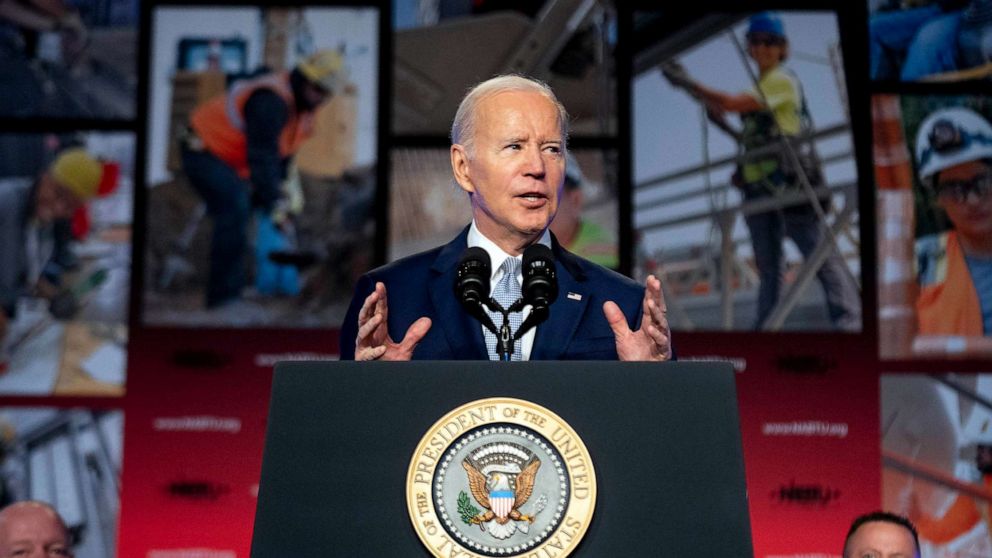 PHOTO: President Joe Biden speaks at the North America's Building Trades Union National Legislative Conference at the Washington Hilton in Washington, April 25, 2023.