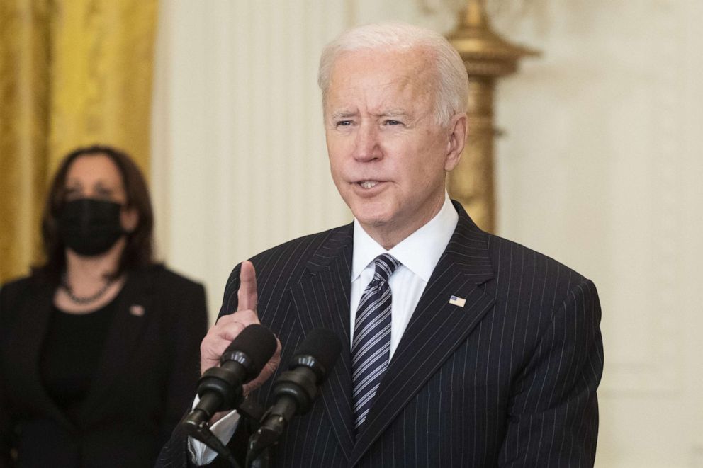 PHOTO: President Joe Biden speaks about COVID-19 vaccinations from the East Room of the White House, March 18, 2021.