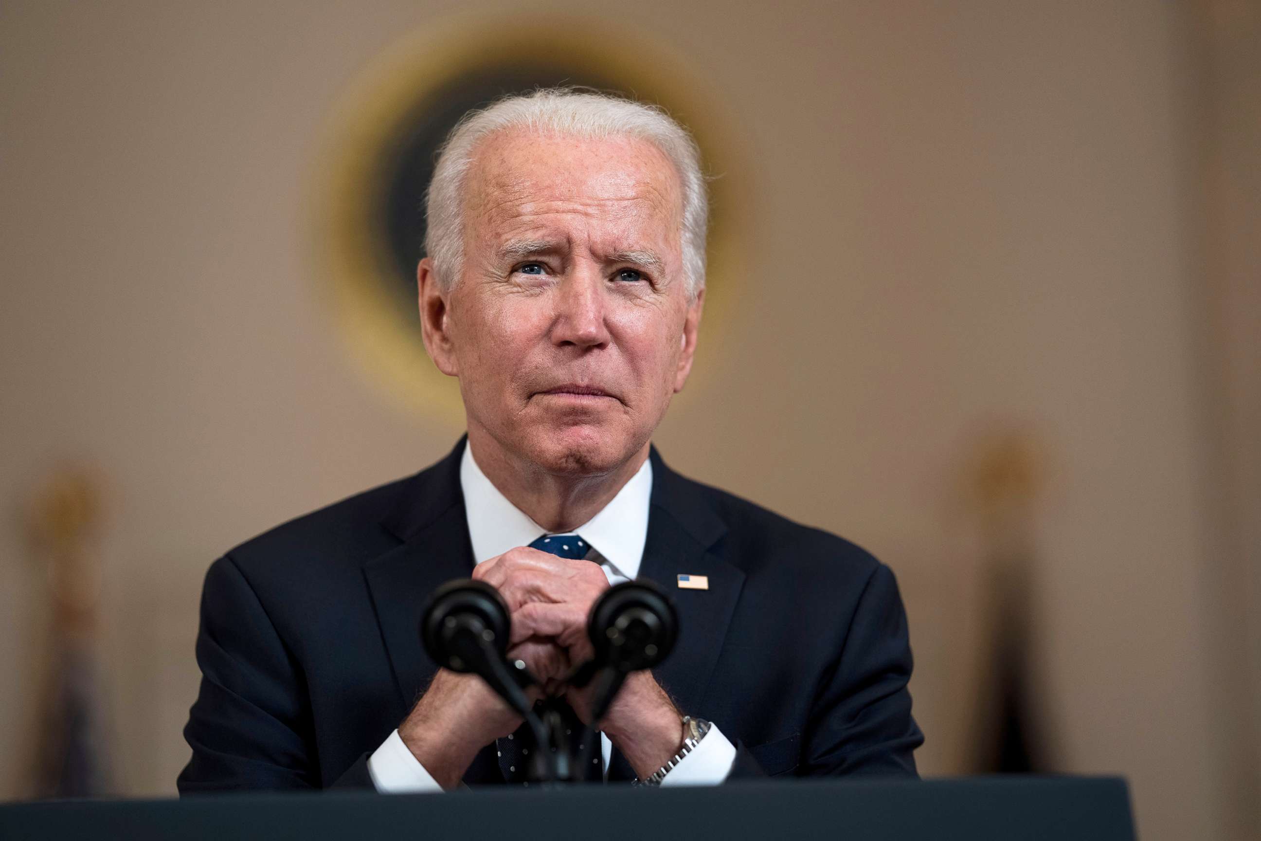 PHOTO: President Joe Biden makes remarks in response to the verdict in the murder trial of former Minneapolis police officer Derek Chauvin at the Cross Hall of the White House April 20, 2021.