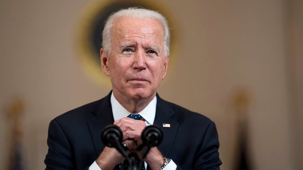 PHOTO: President Joe Biden makes remarks in response to the verdict in the murder trial of former Minneapolis police officer Derek Chauvin at the Cross Hall of the White House April 20, 2021.